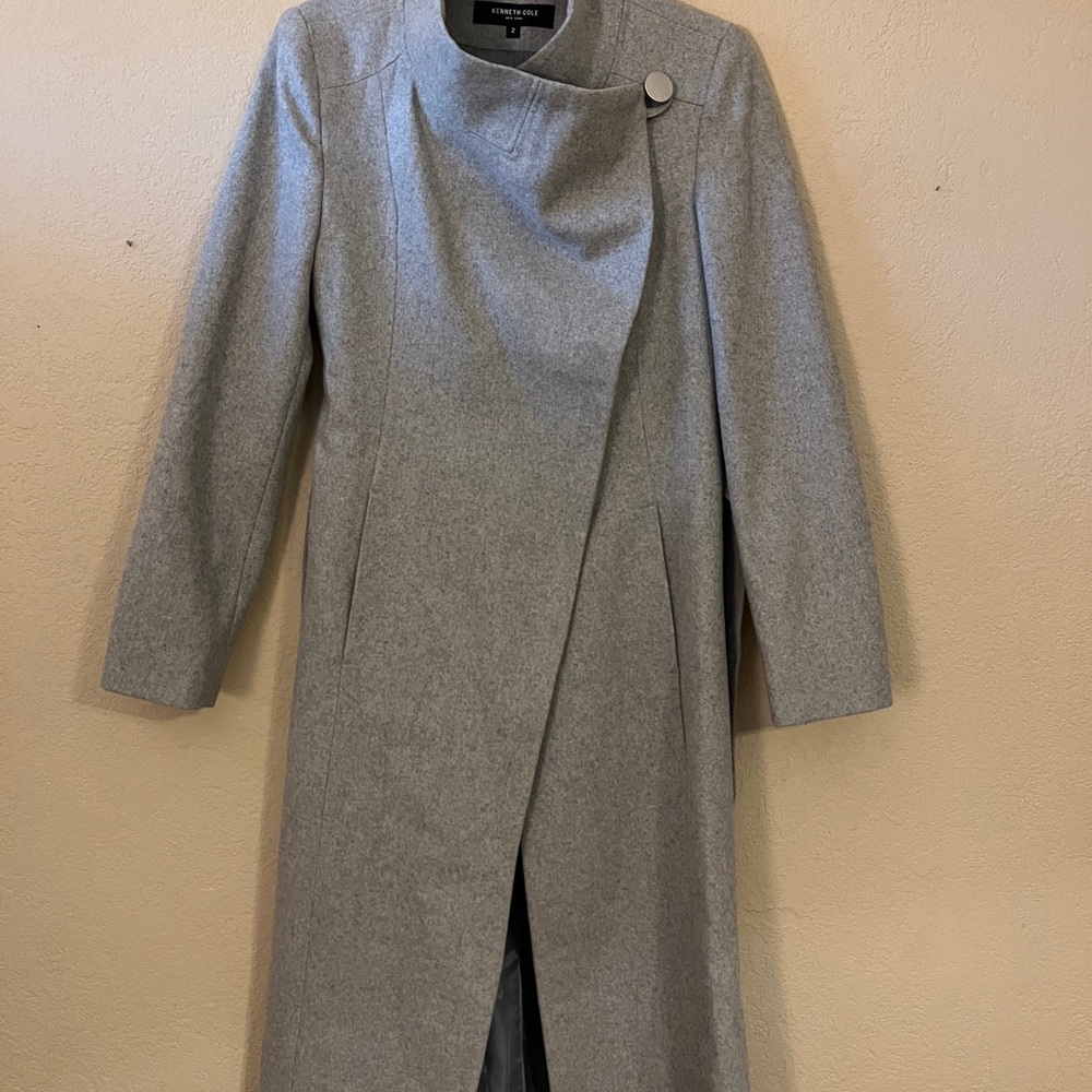 Kenneth Cole Gray Asymmetrical Wool Coat with Belt